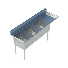 Sapphire SMS-3-1818R 75" Three Compartment Sink with 18"L x 18"D x 14"H Bowl and Right Drainboard