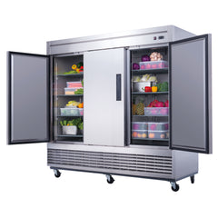 Dukers D83R 83" Three Section Solid Door Bottom Mount Reach-In Refrigerator | 64.8 Cu. Ft.