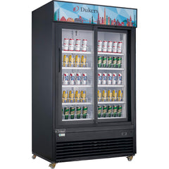 Dukers DSM-47SR 54" Two Section Glass Sliding Door Upright Showcase Merchandiser Refrigerator - 47.67 Cu. Ft.