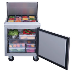 Dukers DSP29-12M-S1 29" 1-Door Commercial Food Prep Table Refrigerator in Stainless Steel with Mega Top - 6.6 Cu. Ft.