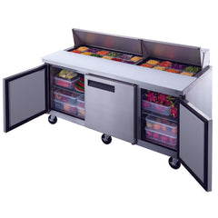 Dukers DSP72-20-S3 72" 3-Door Commercial Food Prep Table Refrigerator in Stainless Steel - 17.6 Cu. Ft.